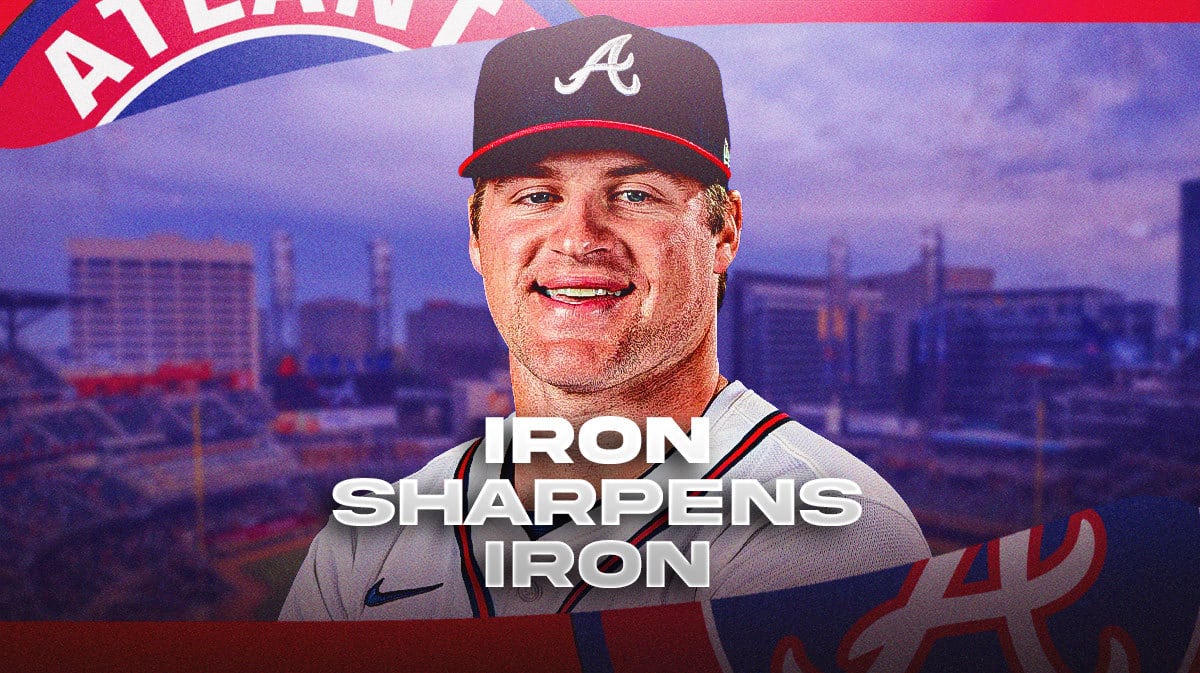 Braves' Bryce Elder smiling, with caption below: IRON SHARPENS IRON