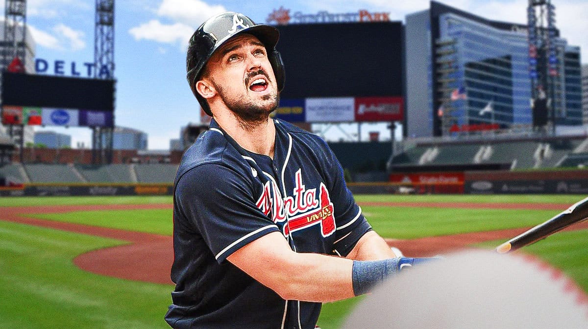 Braves' Adam Duvall swinging a baseball bat at Truist Park.