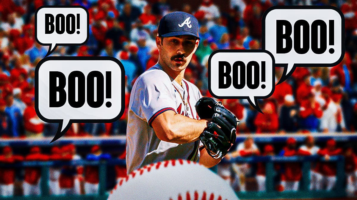 Braves' Spencer Strider standing in front. In background, need Phillies fans at Citizens Bank Park. Place three or four speech bubbles coming from the crowd saying the following: BOO!