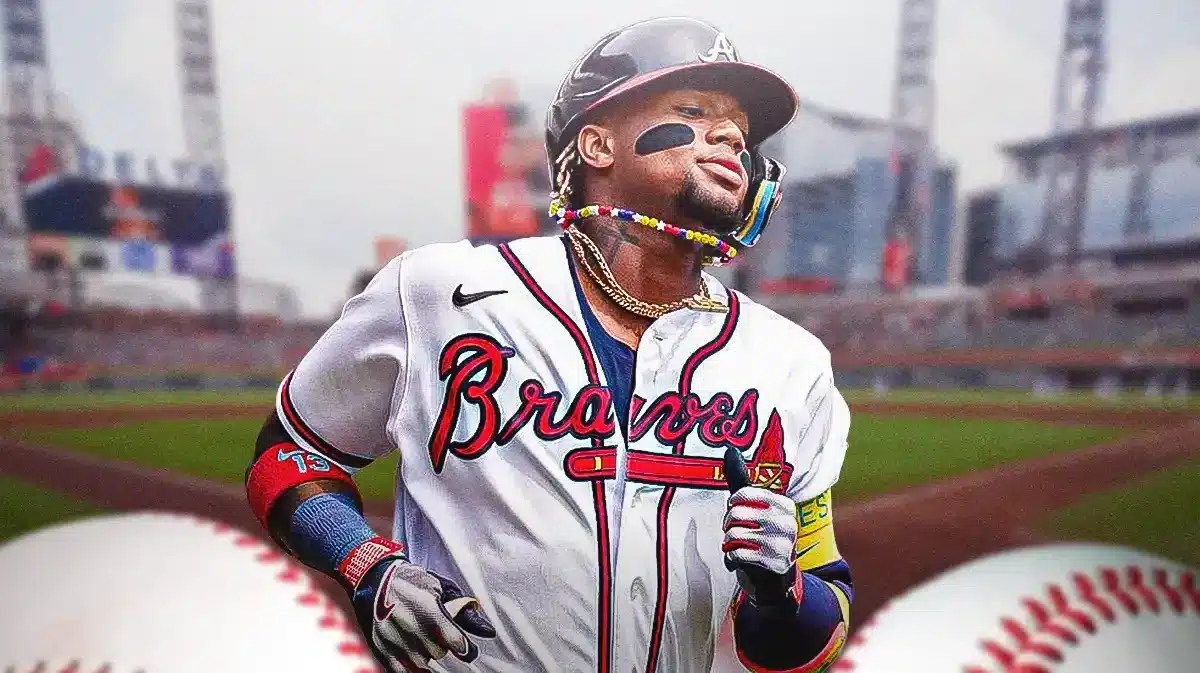 Atlanta Braves star Ronald Acuna Jr. in front of Truist Park.