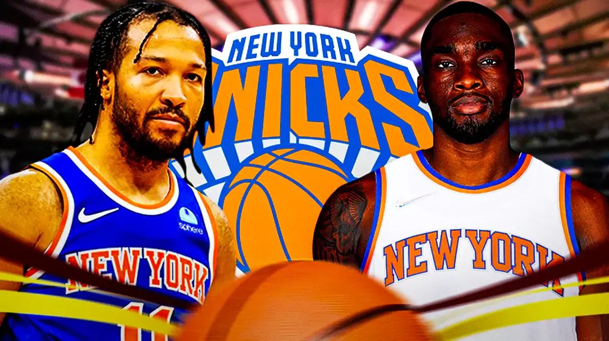 Knicks Jalen Brunson next to Shake Milton in front of a Knicks logo at Madison Square Garden