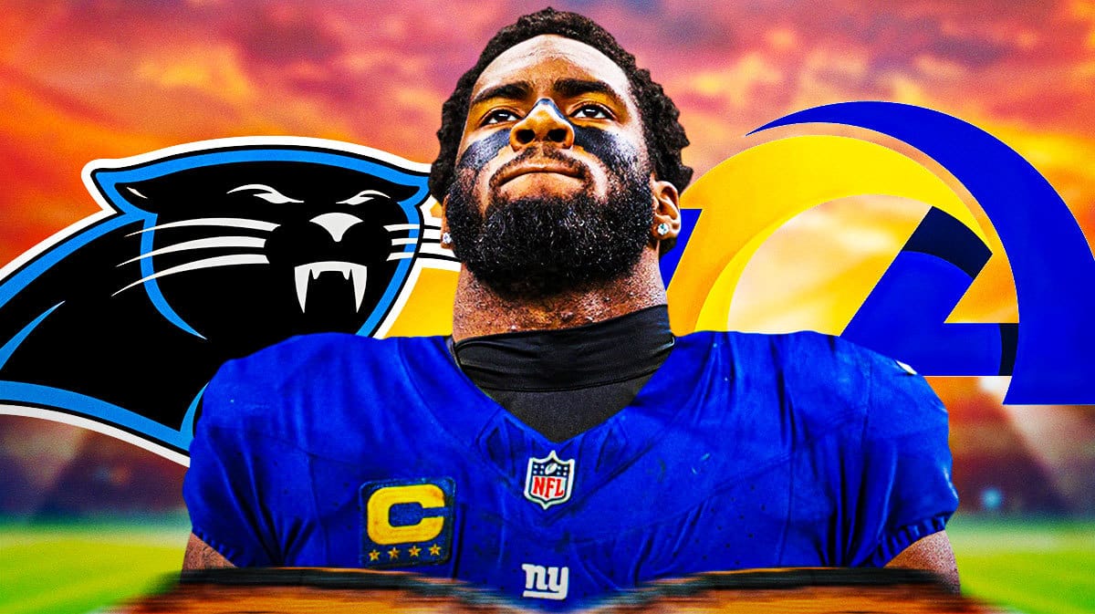 Brian Burns in a Giants uniform, Panthers logo, Rams logo