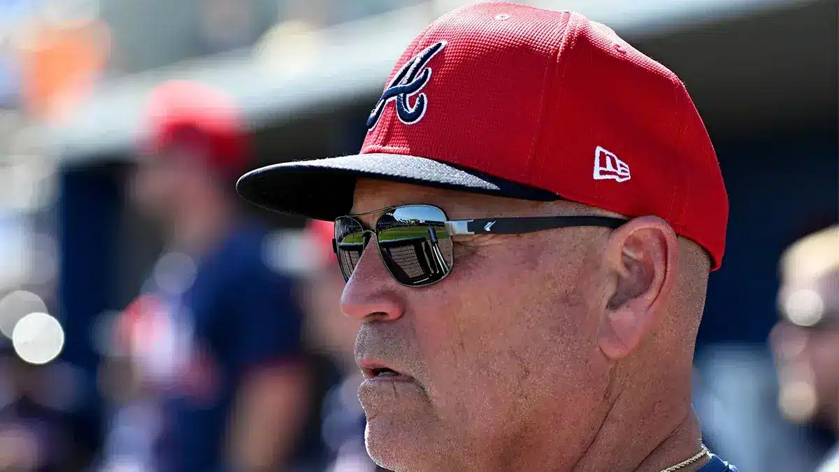 Atlanta Braves manager Brian Snitker (43) looks on in the first inning of a spring training game against the Tampa Bay Rays at Charlotte Sports Park.