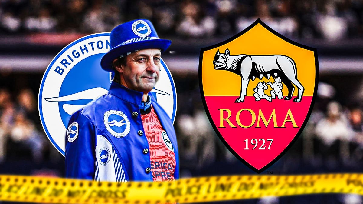 Brighton fans in front of the Brighton and AS Roma logos, police lines in front of them