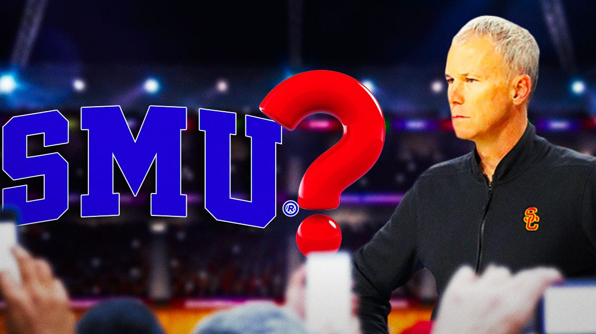 USC basketball coach Andy Enfield, next to SMU logo. A question mark between them.