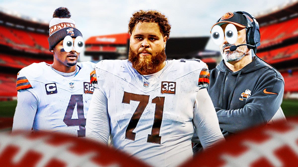Jedrick Wills on one side, Deshaun Watson and Kevin Stefanski on the other side with the big eyes emoji over their faces