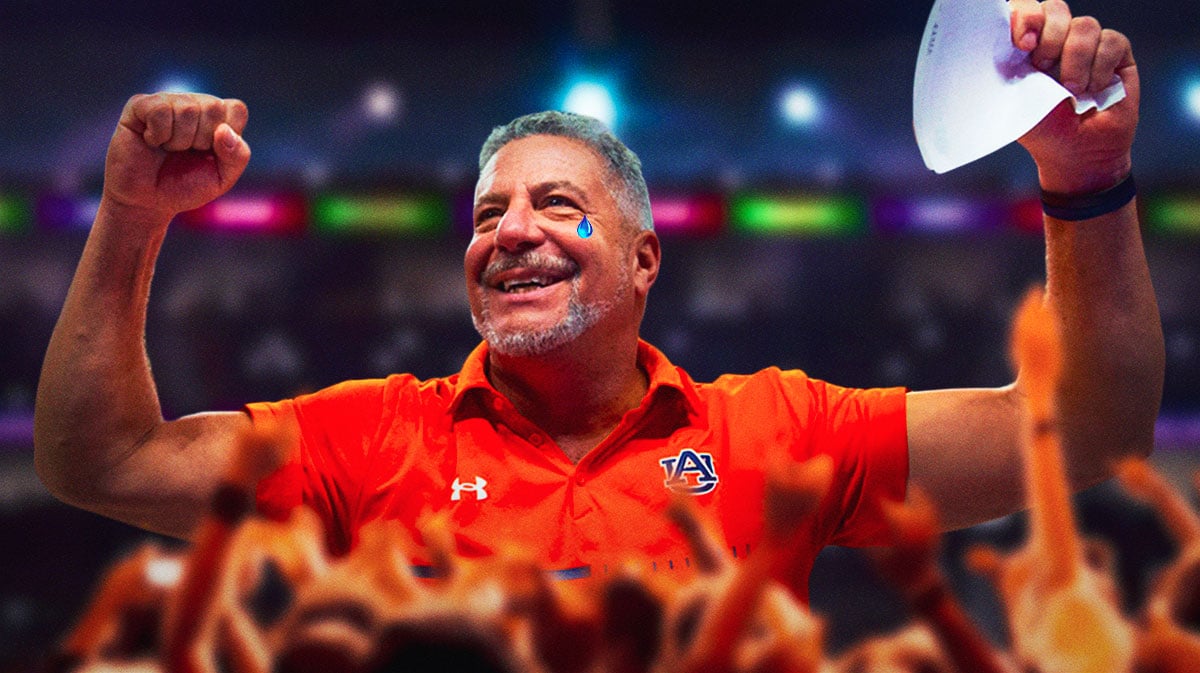 Auburn basketball coach Bruce Pearl crying with tears of joy.