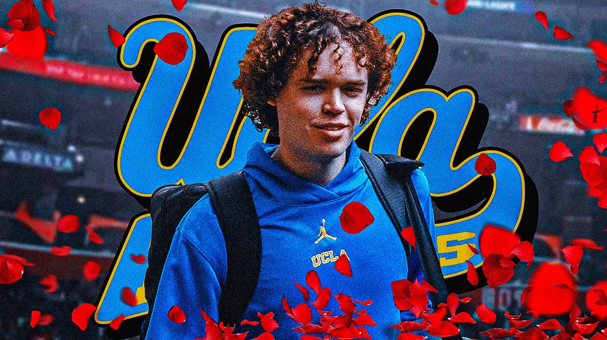 UCLA basketball manager Alex Moriarty, with roses around him.