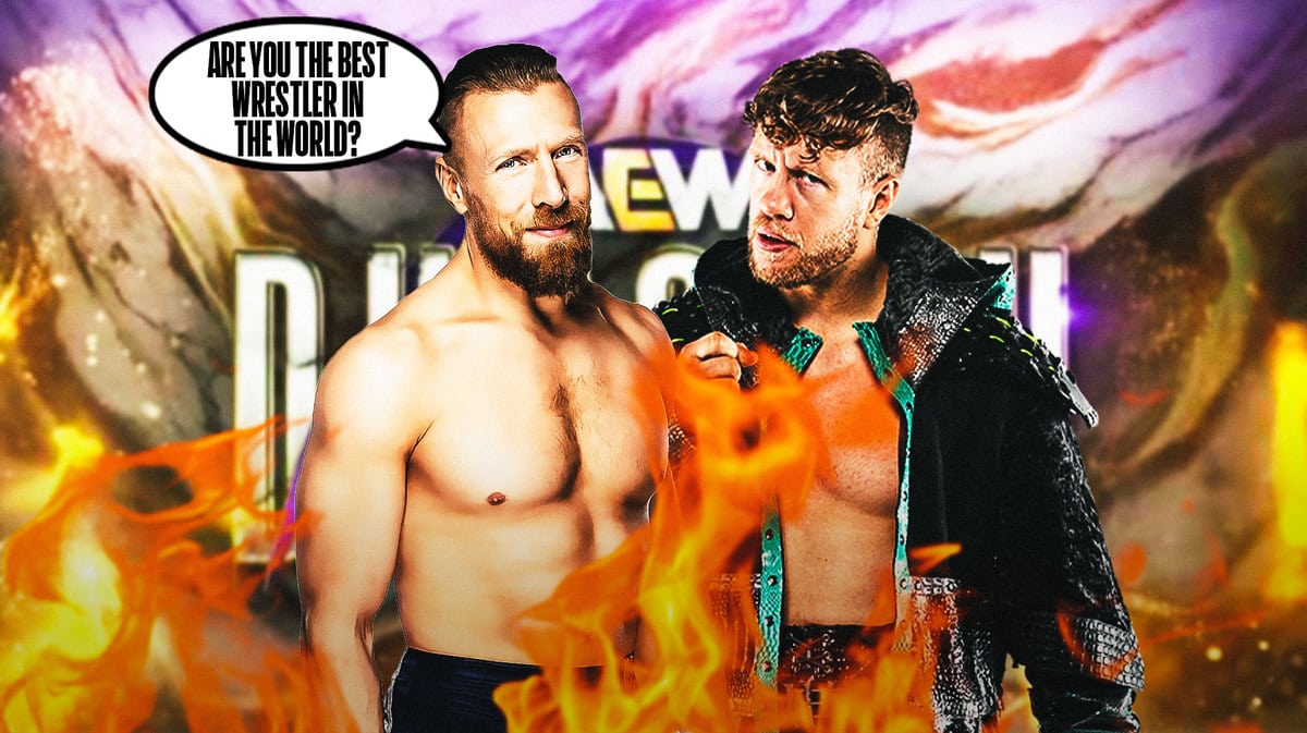 Bryan Danielson with a text bubble reading “Are you the best wrestler in the world?” next to Will Ospreay with with AEW Dynasty logo as the background.