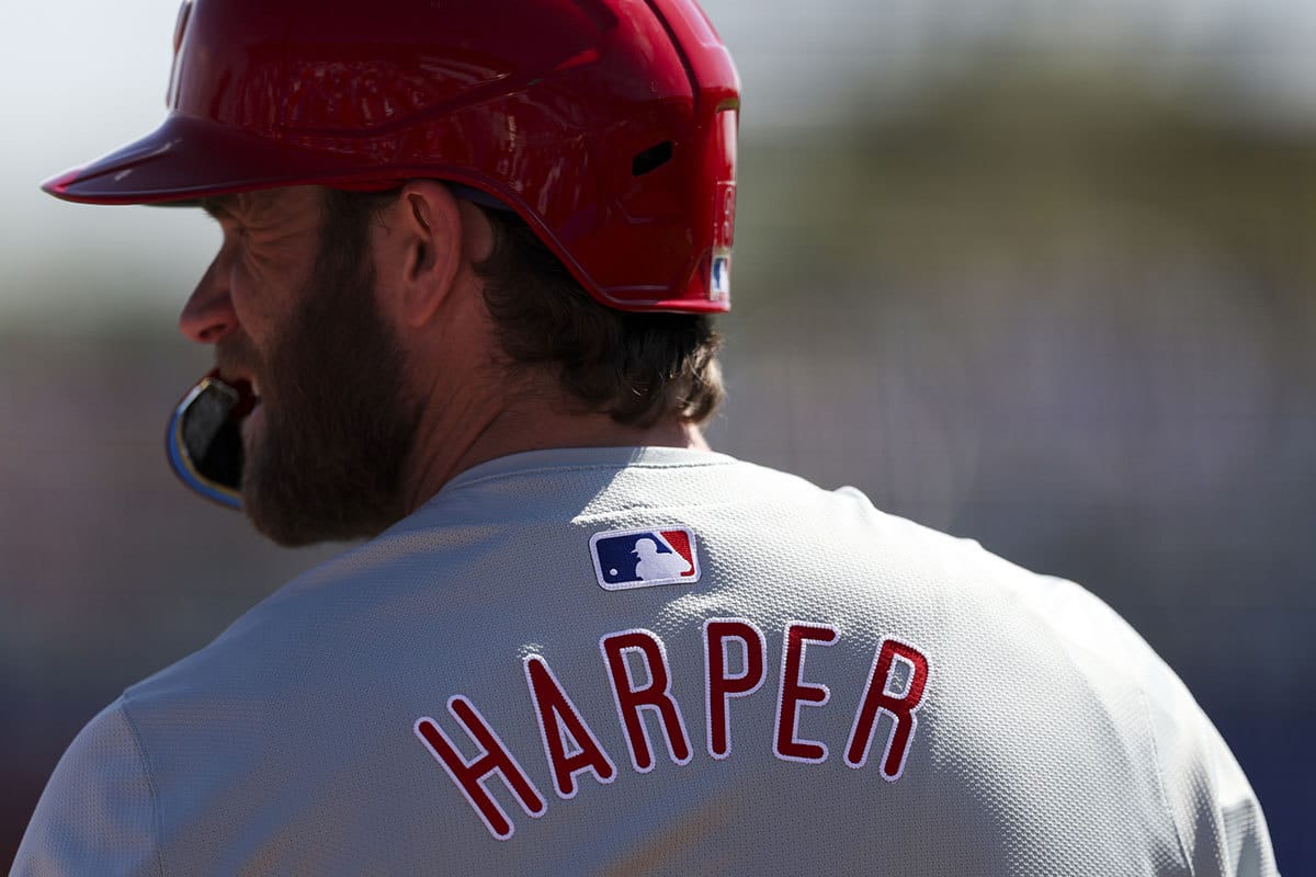Philadelphia Phillies first baseman Bryce Harper (3) looks on from the on deck circle during a game against the Toronto Blue Jays in the third inning at TD Ballpark.