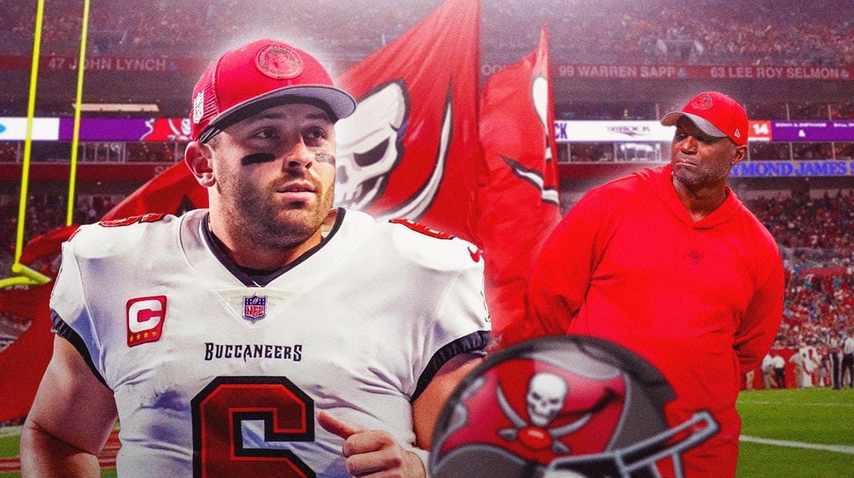 Buccaneers QB Baker Mayfield and HC Todd Bowles with Raymond James Stadium in back