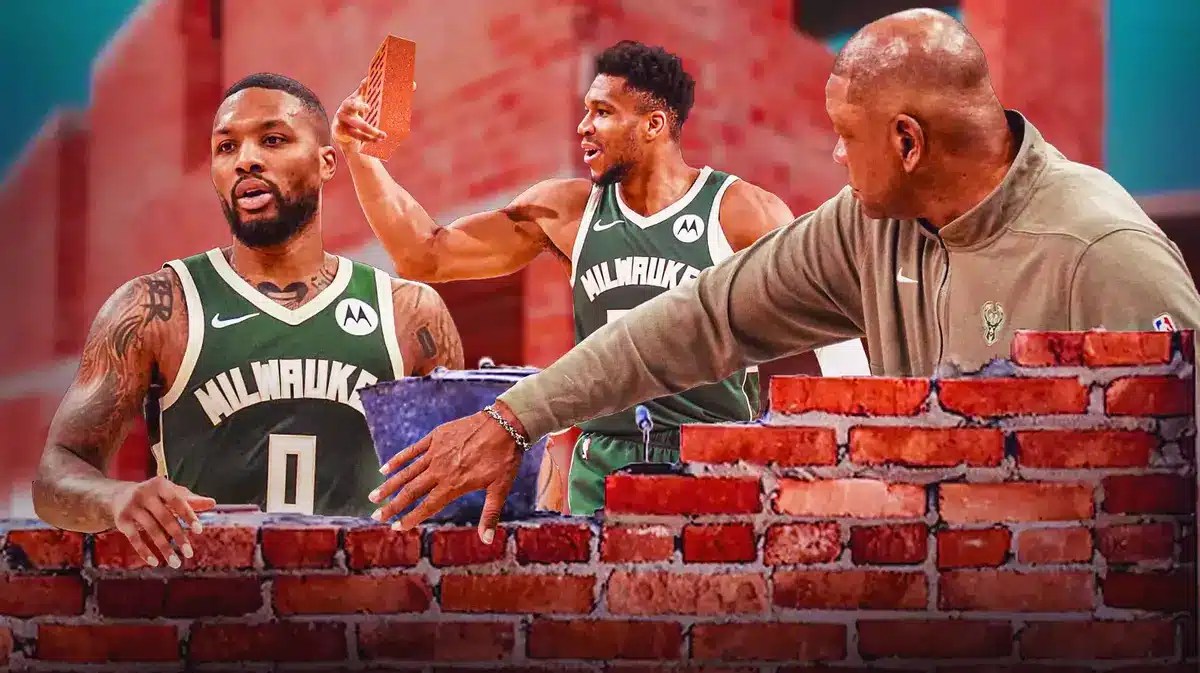 Bucks' Doc Rivers, Damian Lillard, and Giannis Antetokounmpo building a wall