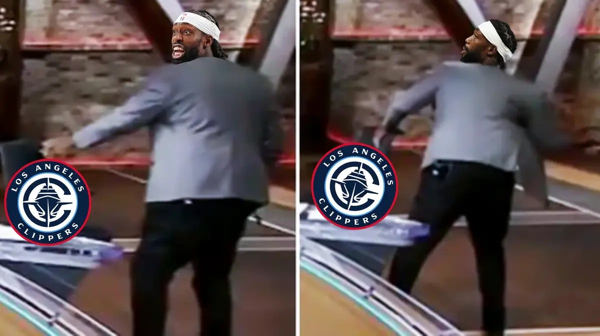 Bucks' Patrick Beverley as Kendrick Perkins spanking the chair with the Clippers logo on the chair