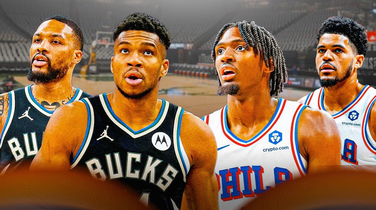 Bucks' Damian Lillard and Giannis Antetokounmpo Sixers' Tyrese Maxey and Tobias Harris