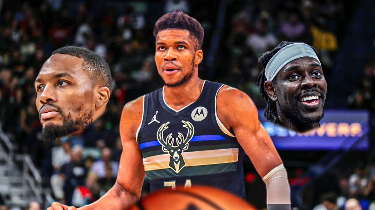 Bucks' Giannis Antetokounmpo looking serious, with head of Damian Lillard to his left and head of Jrue Holiday to his right