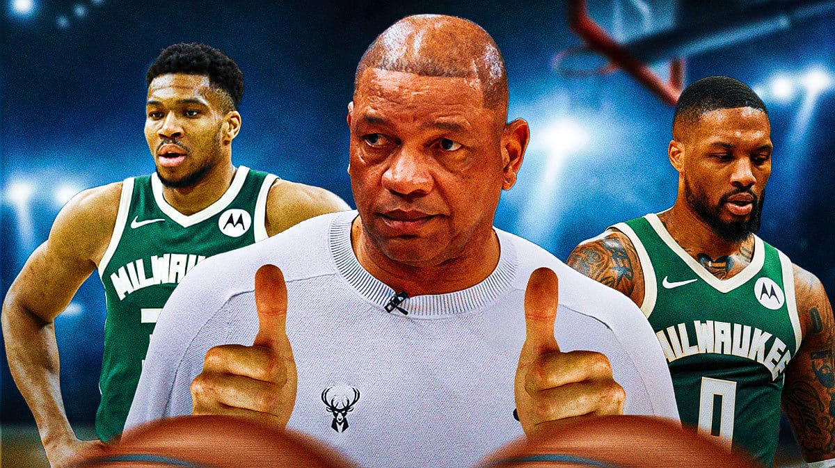 Thumb: Bucks' Giannis Antetokounmpo, Doc Rivers giving thumbs up. Damian Lillard looking sad.