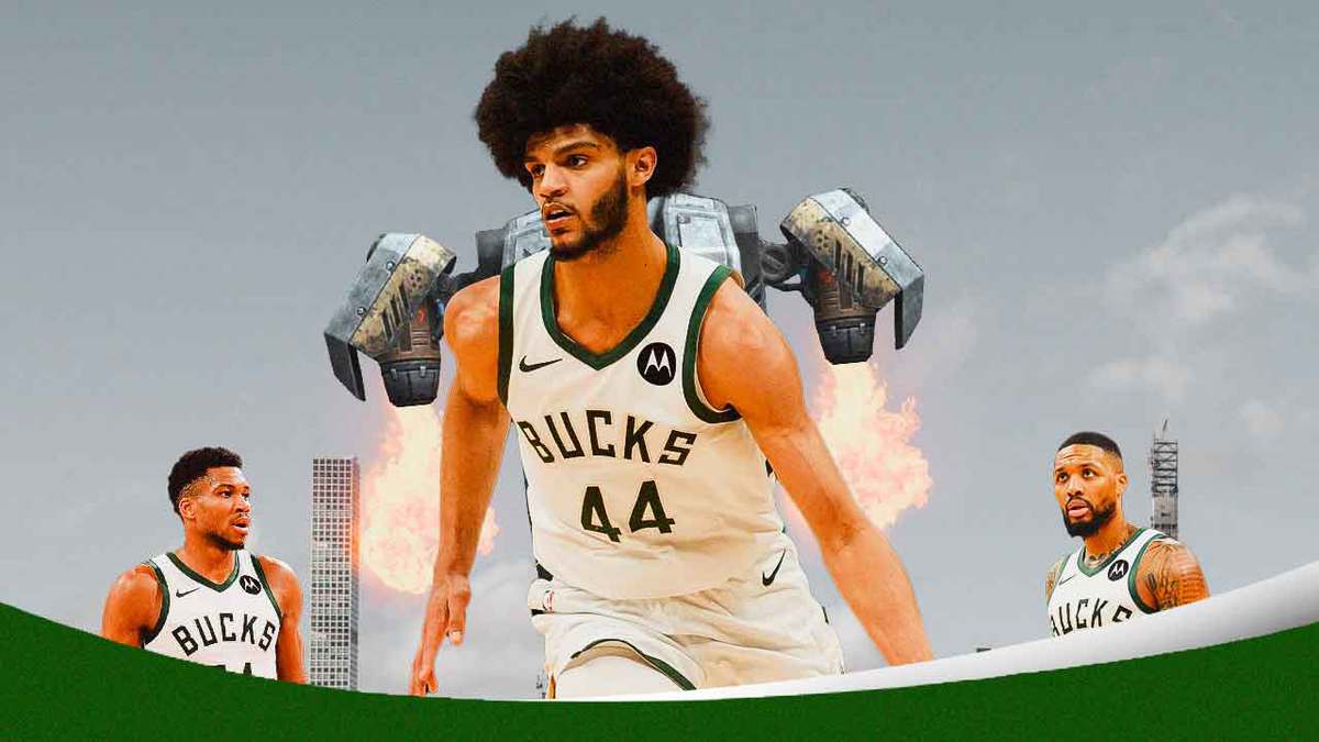 Bucks' Andre Jackson Jr. with a jetpack behind him, with Giannis Antetokounmpo and Damian Lillard watching him fly, smiling