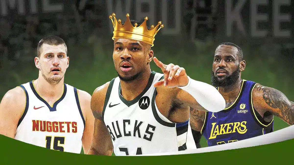 Bucks Giannis Antetokounmpo with Nikola Jokic and LeBron James