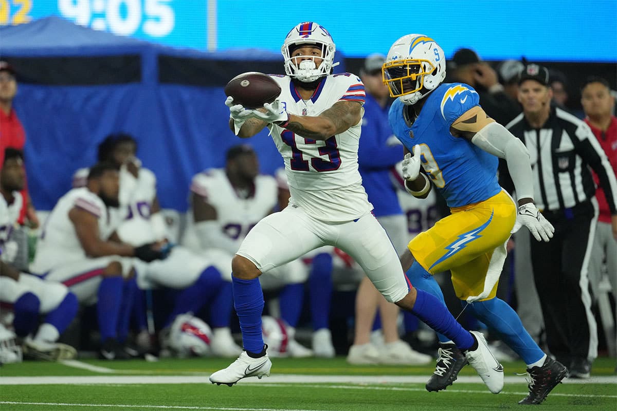 Buffalo Bills wide receiver Gabe Davis (13) catches a 57-yard touchdown pass against the Los Angeles Chargers in the first half at SoFi Stadium. 