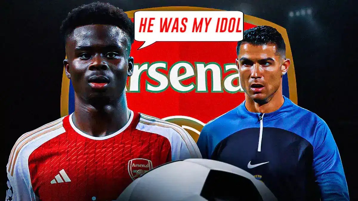 Bukayo Saka saying: ‘He was my idol’ looking at Cristiano Ronaldo, the Arsenal logo behind them