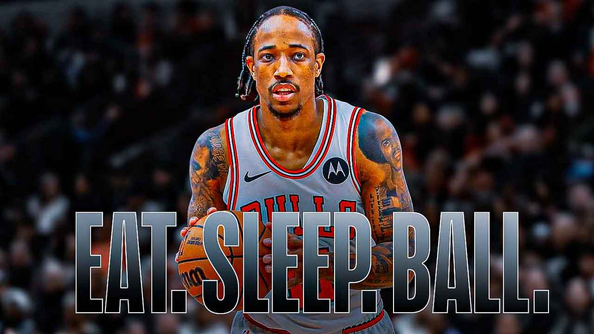 Bulls' DeMar DeRozan holding a basketball, with caption below: EAT. SLEEP. BALL.