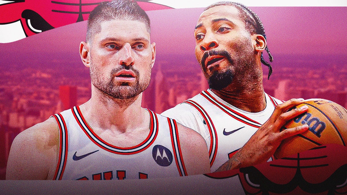 Bulls, Andre Drummond, Nikola Vucevic, Andre Drummond Bulls, Nikola Vucevic Bulls, Andre Drummond and Nikola Vucevic in Bulls unis with Chicago skyline in the background