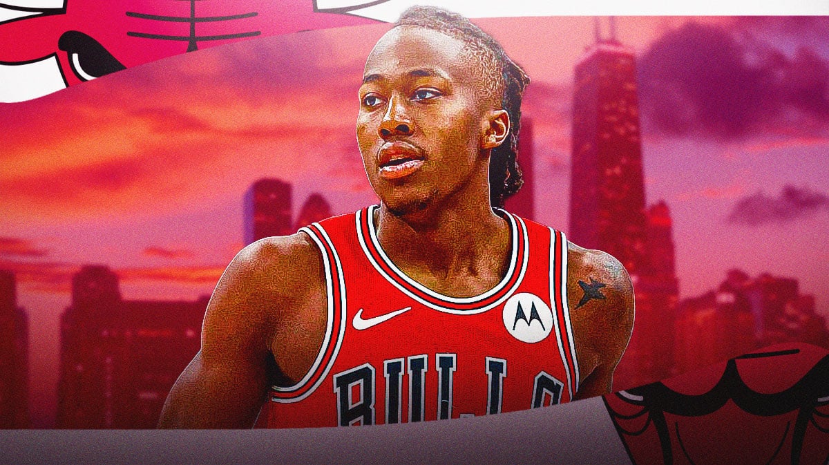 Bulls, Wizards, Billy Donovan, Ayo Dosunmu, Bulls Wizards, Ayo Dosunmu in Bulls uni with Chicago skyline in the background