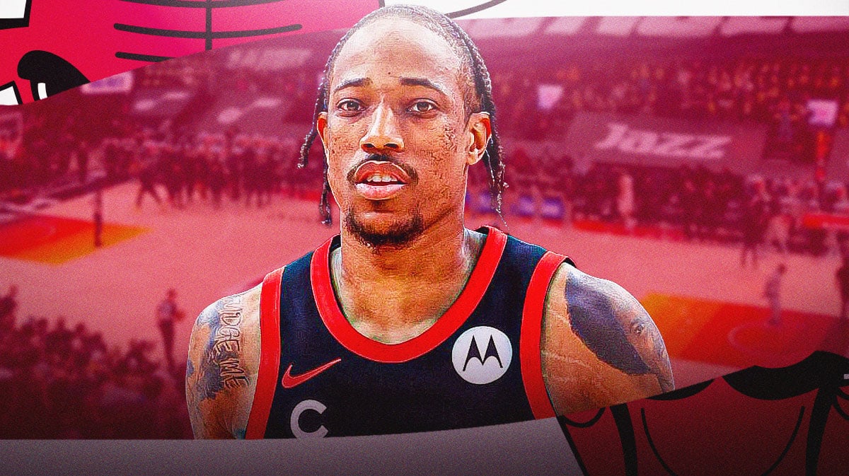 Bulls, Jazz, DeMar DeRozan, DeMar DeRozan Bulls, Bulls Jazz, DeMar DeRozan in Bulls uni with Jazz arena in the background