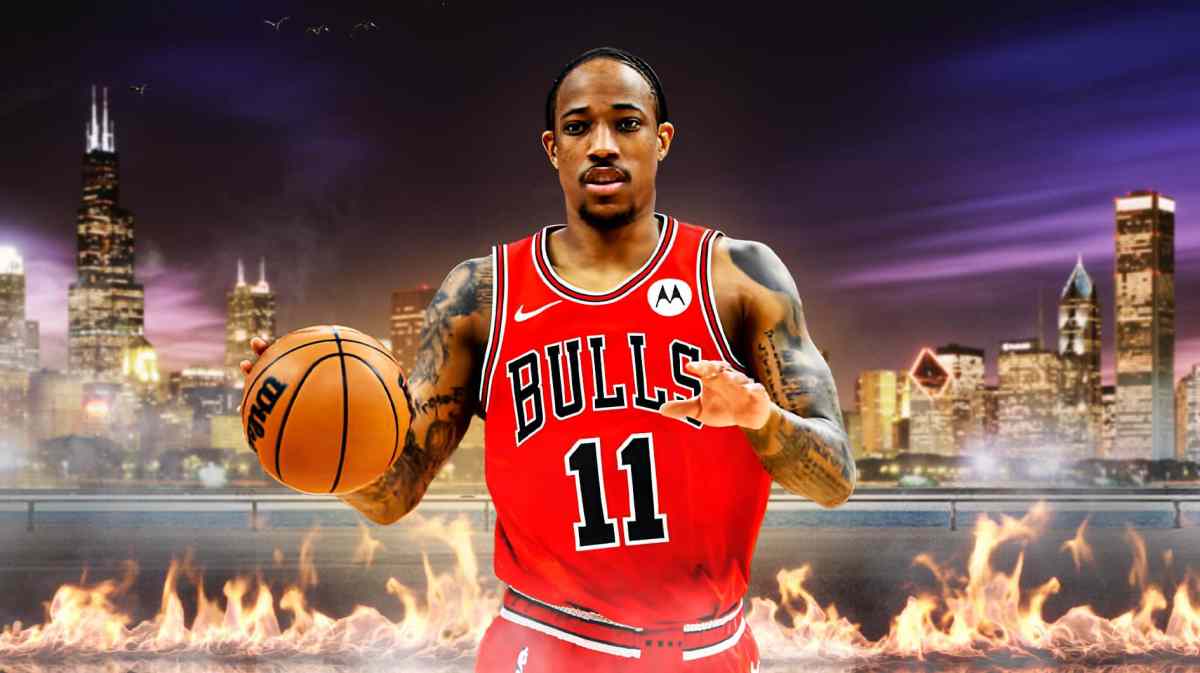 Bulls, DeMar DeRozan, DeMar DeRozan Bulls, Eastern Conference Player of the Week, DeMar DeRozan player of the week,DeMar DeRozan in Bulls uni with fire trail behind him with Chicago skyline in the background