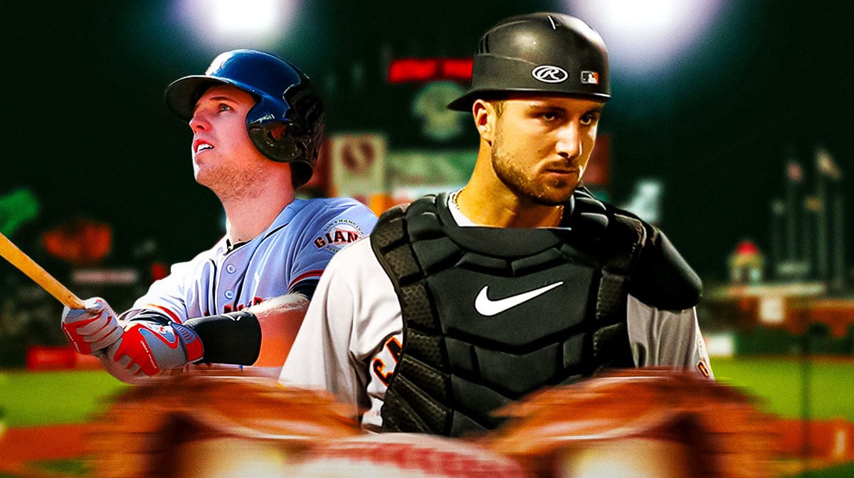Giants' Buster Posey swinging a baseball bat in background. In front, need Giants' Joey Bart looking serious/sad.