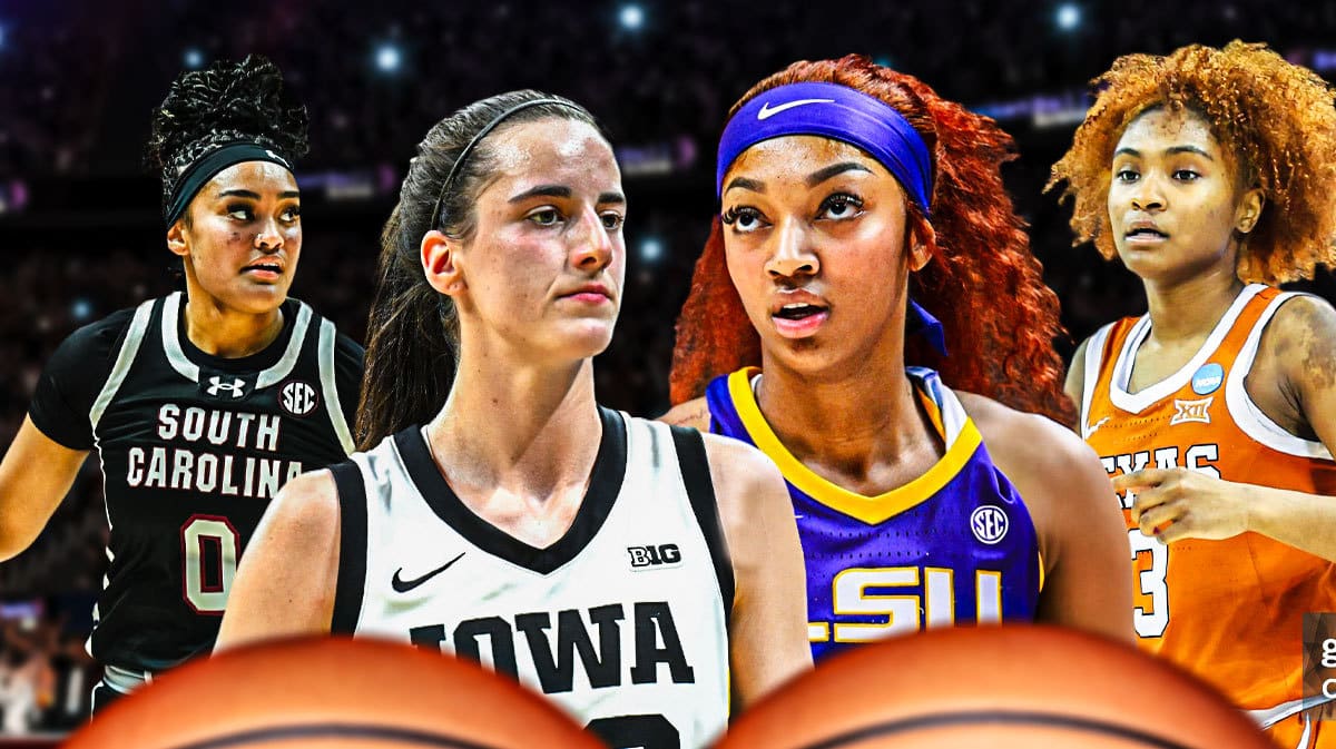 Iowa women’s basketball player Caitlin Clark in the center, with South Carolina women’s basketball player Te-Hina Paopao, Texas women’s basketball player Rori Harmon, and LSU women’s basketball player Angel Reese
