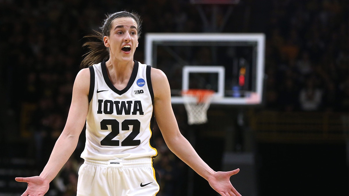 Iowa’s Caitlin Clark (22) reacts to a call while playing Holy Cross in a first-round NCAA Tournament game Saturday, March 23, 2024 at Carver-Hawkeye Arena in Iowa City, Iowa.
