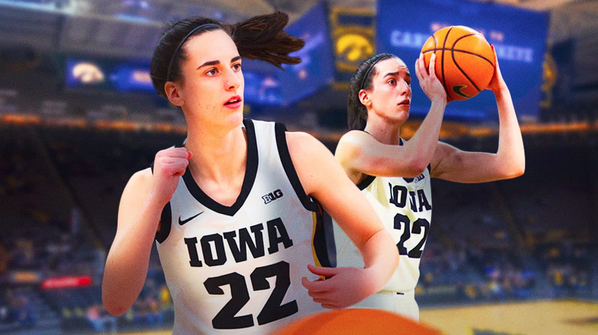 Iowa women’s basketball player Caitlin Clark in action, with Carver-Hawkeye Arena in the background