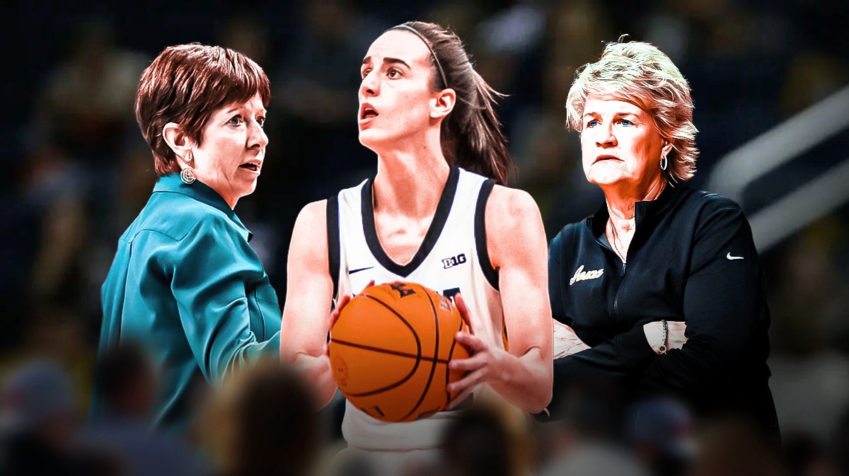 Iowa Caitlin Clark with Coach Lisa Bluder and Notre Dame coach Muffet McGraw