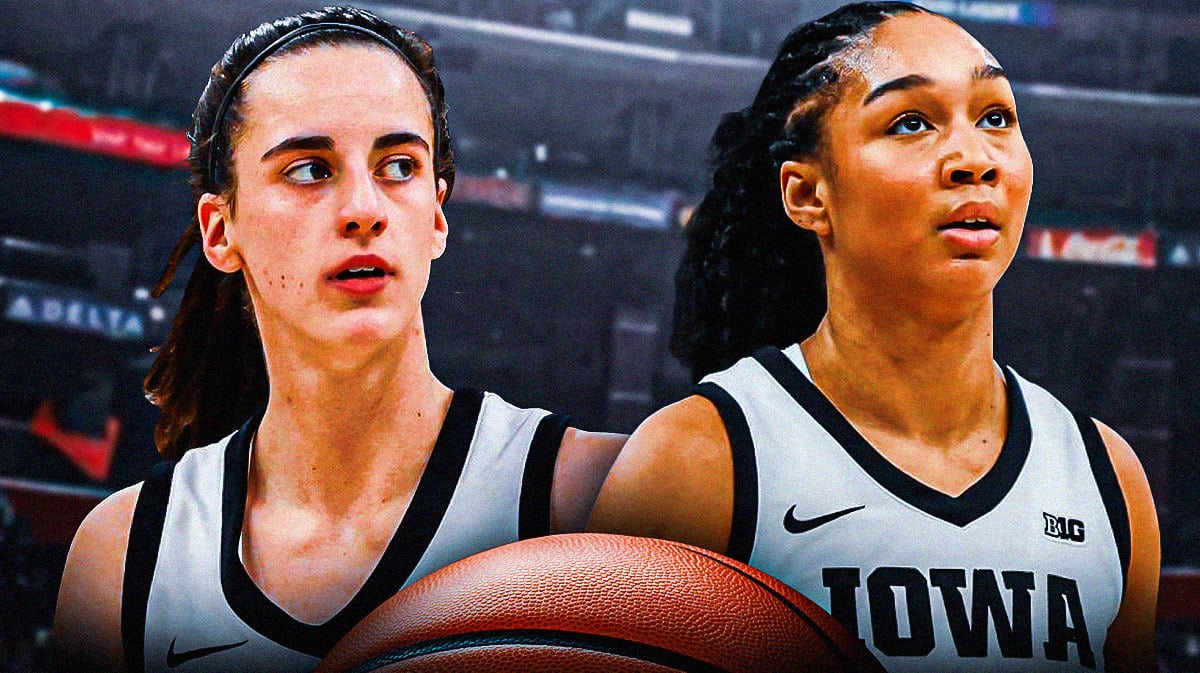 Iowa women's basketball stars Caitlin Clark and Hannah Stuelke standing next to each other.