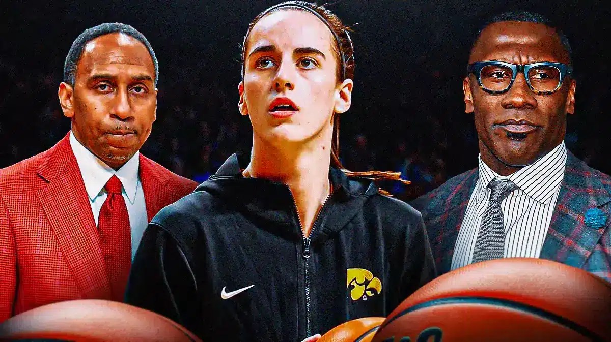 owa women’s basketball player Caitlin Clark in the center, with sports commentators Stephen A. Smith and Shannon Sharpe on either side of Clark.