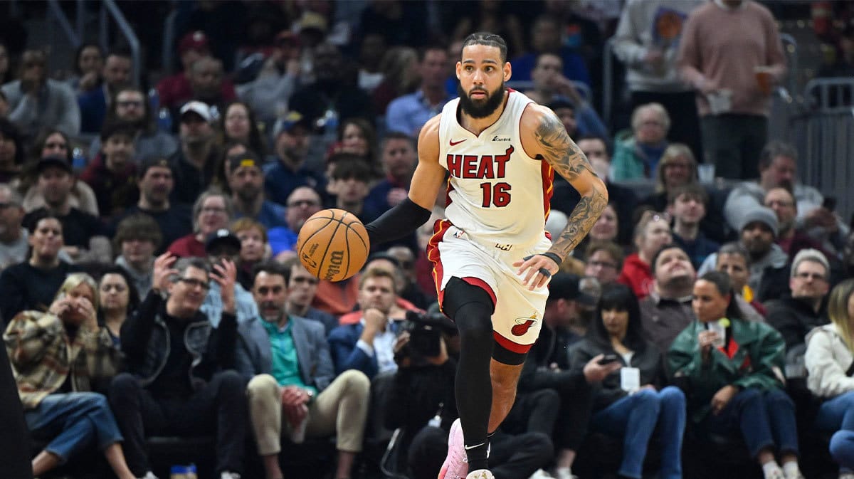 Miami Heat forward Caleb Martin (16) brings the ball up court in the second quarter against the Cleveland Cavaliers at Rocket Mortgage FieldHouse.