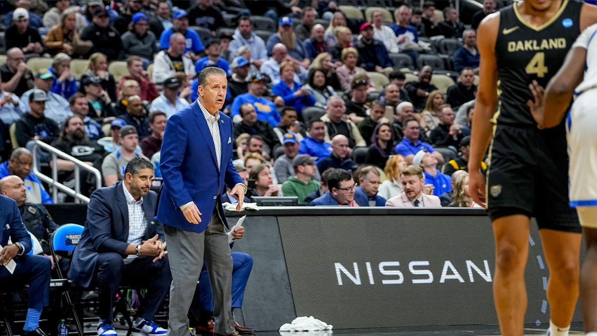Kentucky Wildcats head coach John Calipari reacts during the second half in the first round of the 2024 NCAA Tournament at PPG Paints Arena. 