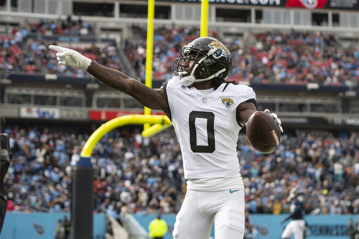 Jacksonville Jaguars wide receiver Calvin Ridley (0) reacts after scoring a touchdown against the Tennessee Titans during the first half at Nissan Stadium