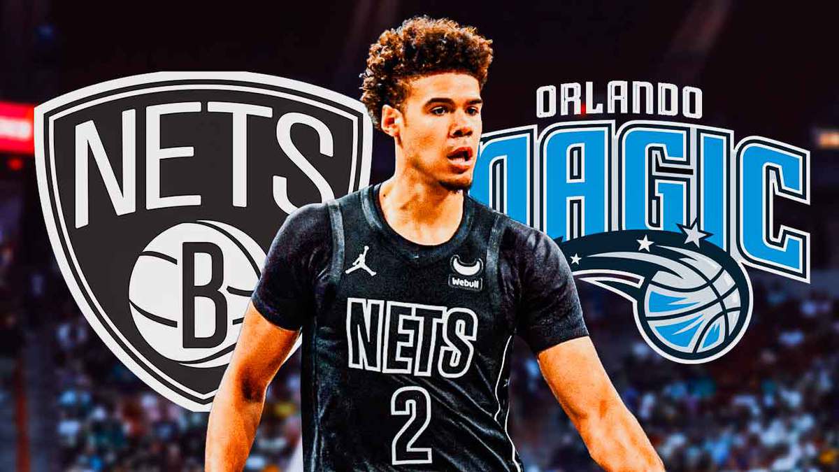 Nets' Cam Johnson looking serious in front. In background, place the Brooklyn Nets and Orlando Magic logos.