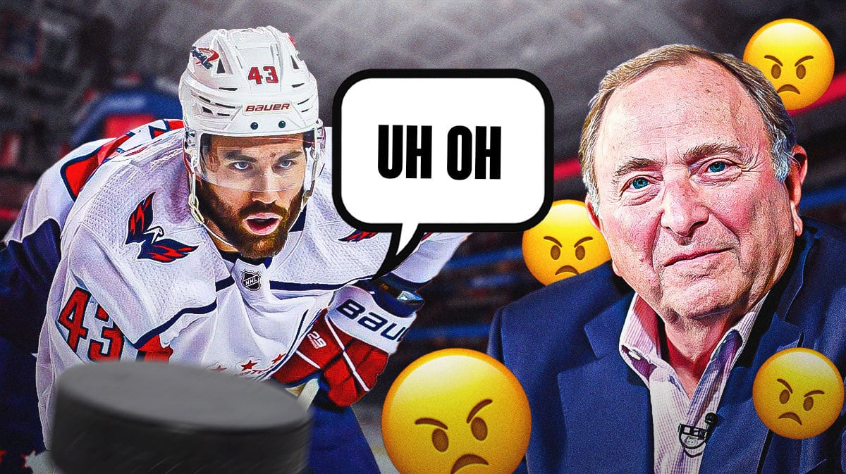 Tom Wilson on one side with a speech bubble that says “Uh oh” Gary Bettman on the other side with a bunch of angry emojis around him