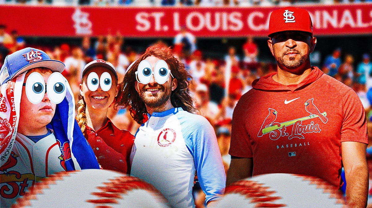 Oli Marmol on one side, a bunch of St. Louis Cardinals fans on the other side with the big eyes emoji over their faces