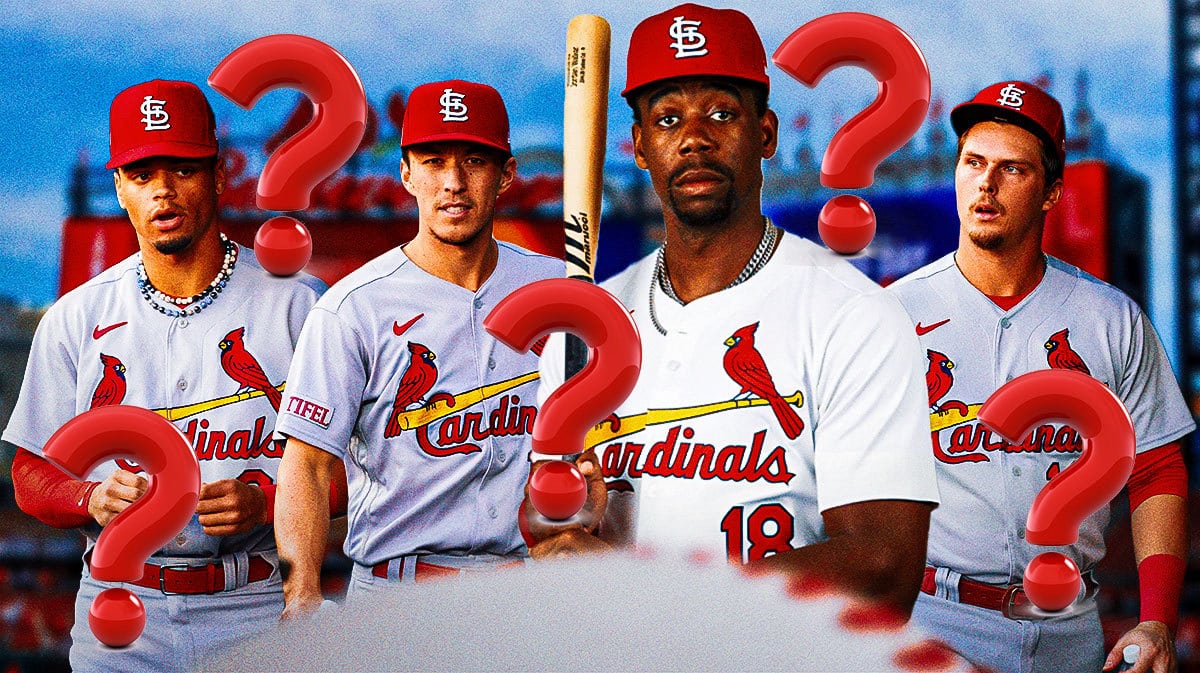 Cardinals' Jordan Walker in front. Busch Stadium background. In background, place Cardinals' Nolan Gorman, Cardinals' Tommy Edman, Cardinals' Masyn Winn with question marks everywhere.