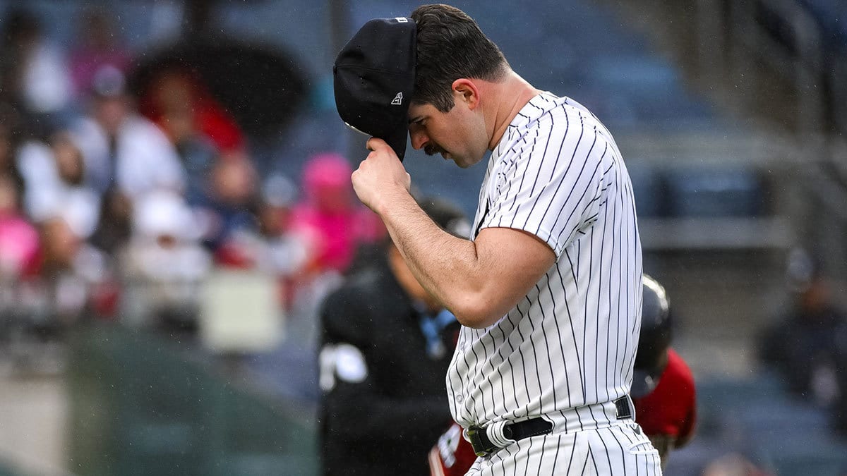 New York Yankees starting pitcher Carlos Rodon (55) walks to the dugout after pitching the first inning against the Arizona Diamondbacks at Yankee Stadium