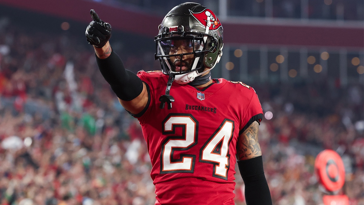 Tampa Bay Buccaneers cornerback Carlton Davis III (24) gestures after a play against the Philadelphia Eagles during the second half of a 2024 NFC wild card game at Raymond James Stadium. 