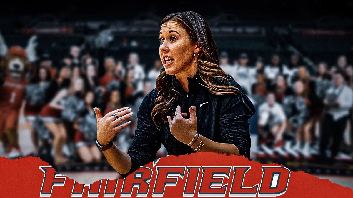 Fairfield women’s basketball coach Carly Thibault-DuDonis, with the Fairfield women’s basketball team in the background