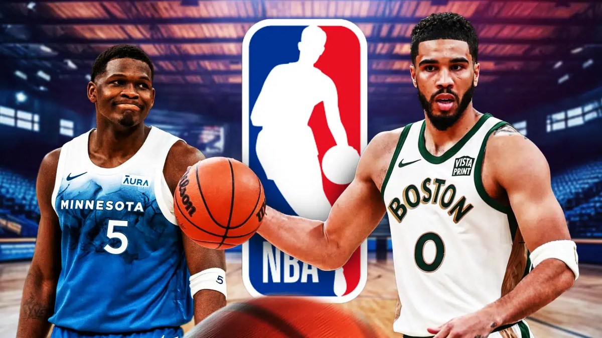 Jayson Tatum alongside Anthony Edwards with the NBA logo in the background, Celtics Timberwolves