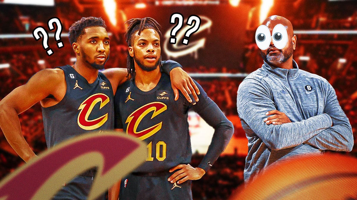 Donovan Mitchell and Darius Garland on one side with question marks around them, J.B. Bickerstaff on the other side with the big eyes emoji over his face