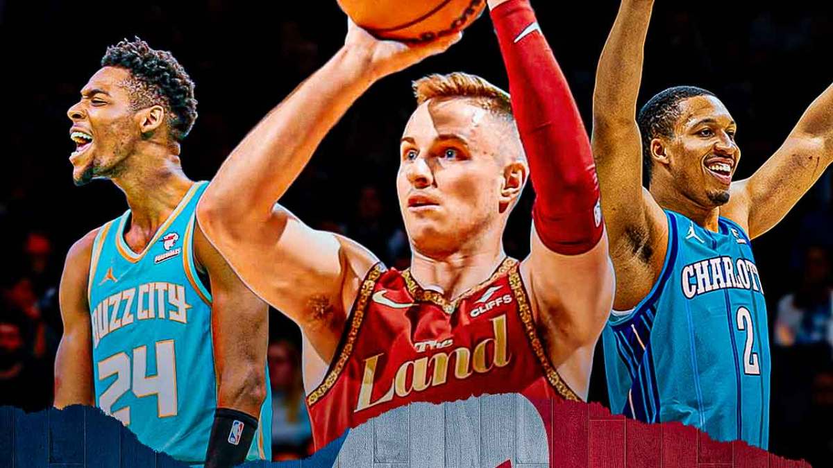 Cavs' Sam Merrill with Hornets' Brandon Miller and Grant Williams