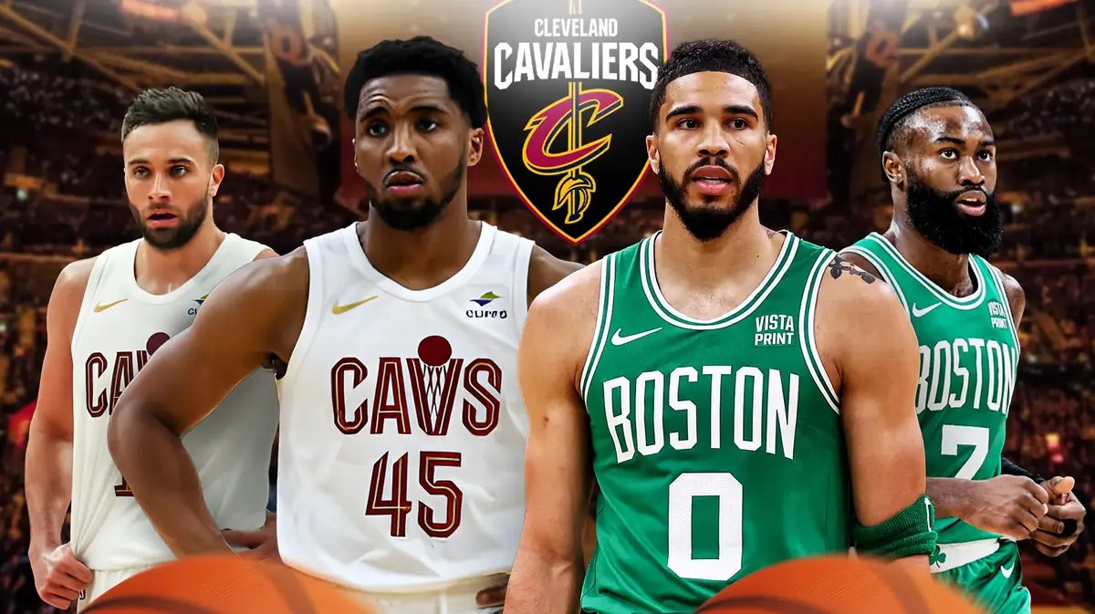 Cavs Donovan Mitchell and Max Strus next to Celtics Jayson Tatum and Jaylen Brown